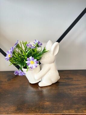 White Ceramic Bunny Vase with Purple Floral Accent - Home Accents